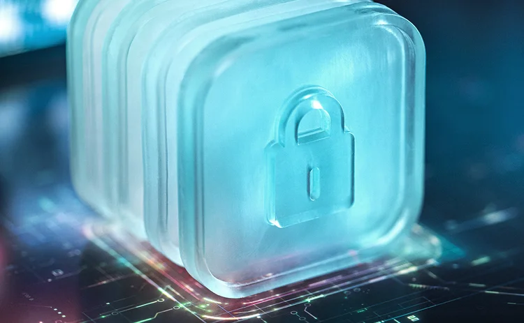 Glowing 3D padlock symbol on top of a digital background, showing cyber security