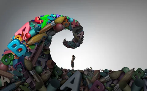 Learning disability concept and dyslexia or ADHD disorder symbol or attention deficit and school anxiety or stress with math and reading or writing with 3D illustration elements.