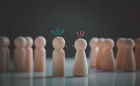 Conflict or disagreement concept. Men and women quarreling bickering, arguing shouting, blaming each other.