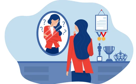 imposter syndrome, businesswoman looking shadow himself through mirror for Anxiety and lack of self confidence at work vector