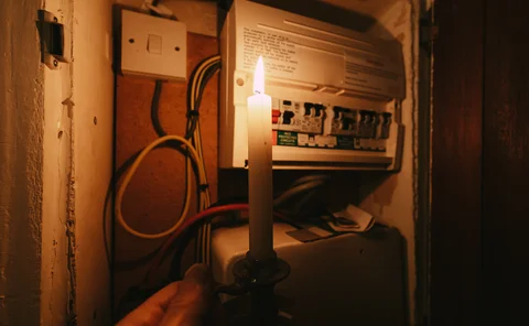 Person investigates his fuse box at home - by the light of a candle only - in a blackout during the energy crisis.