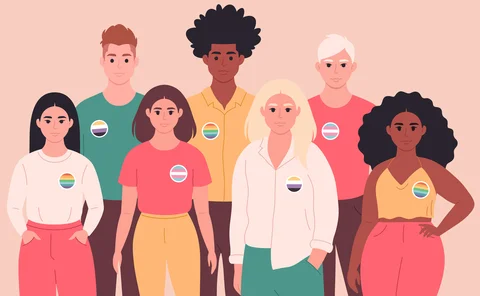 People with LGBT, non-binary pin. She, he, they, non-binary. Gender-neutral movement. LGBTQ community.