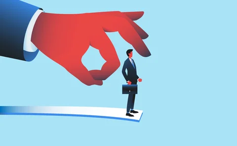 Giant hand flicking employee. Unemployment and crisis concept. You are fired. Vector illustration.