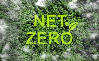 Net zero and carbon neutral concept.Net Zero text on green grass with forest for net zero greenhouse gas emissions target Climate neutral long term strategy on a green background. Carbon Neutrality.