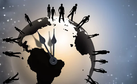 Abstract image of the world in space, with clock arms, and people in silhouette